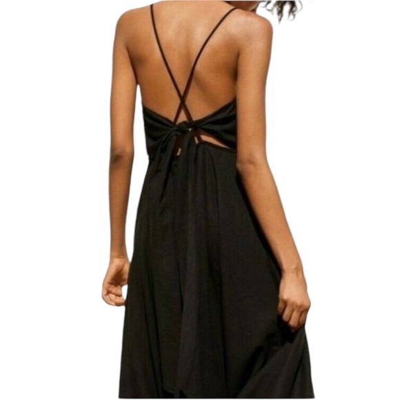 SALE Zara Black Linen Blend Midi/Maxi Dress Strappy Criss Cross Tie Back Boho L - Picture 12 of 12